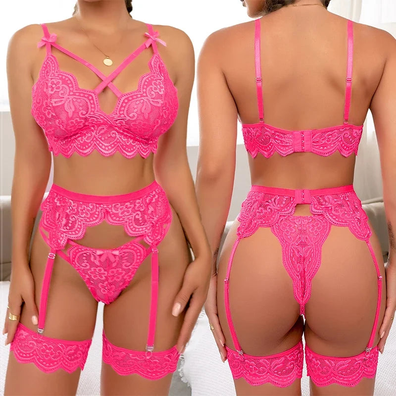 Super Hot 3 Piece Lingerie Set Floral Bra
