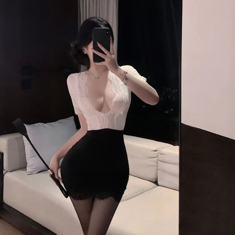 Exotic Office Lady Cosplay Costume See-through Underwear Hollow Out Deep V Lace Secretary Temptation Wrap Hip Dress