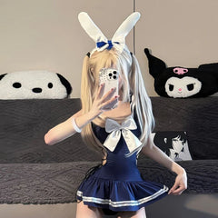 College Style SchoolLingerie Cosplay Costumes Temptation Adult Backless Skirt Student Roleplay Outfit Blue
