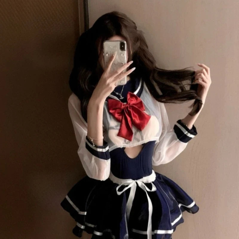Thin Transparent Top Hollow Jumpsuit Pleated Miniskirt Set