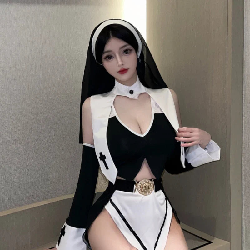 Lingerie Nun Cosplay Costumes Hollow Top Miniskirt Exotic Christmas Adult Temptation Roleplay Game Clothing