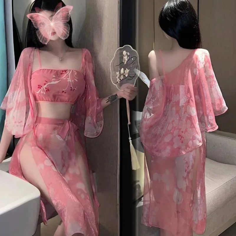 Ancient Hanfu Nightgown Role Play Porno See-Through Mesh Sleepwear Retro Traditional Bellyband Exotic Charm Costume