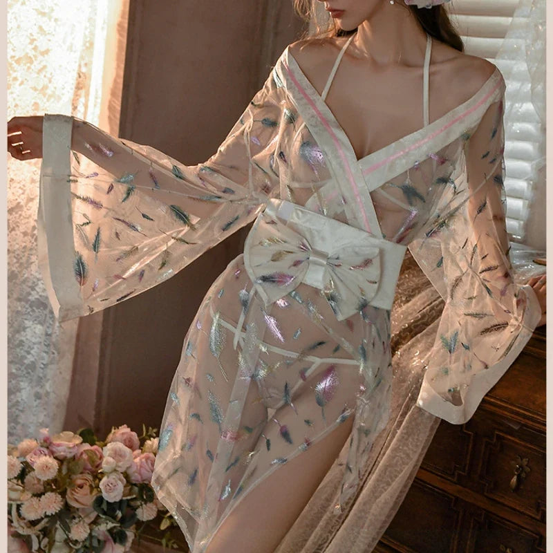 Transparent Kimono Seductive Lingerie Costume Porn Gauze Nightgown Set