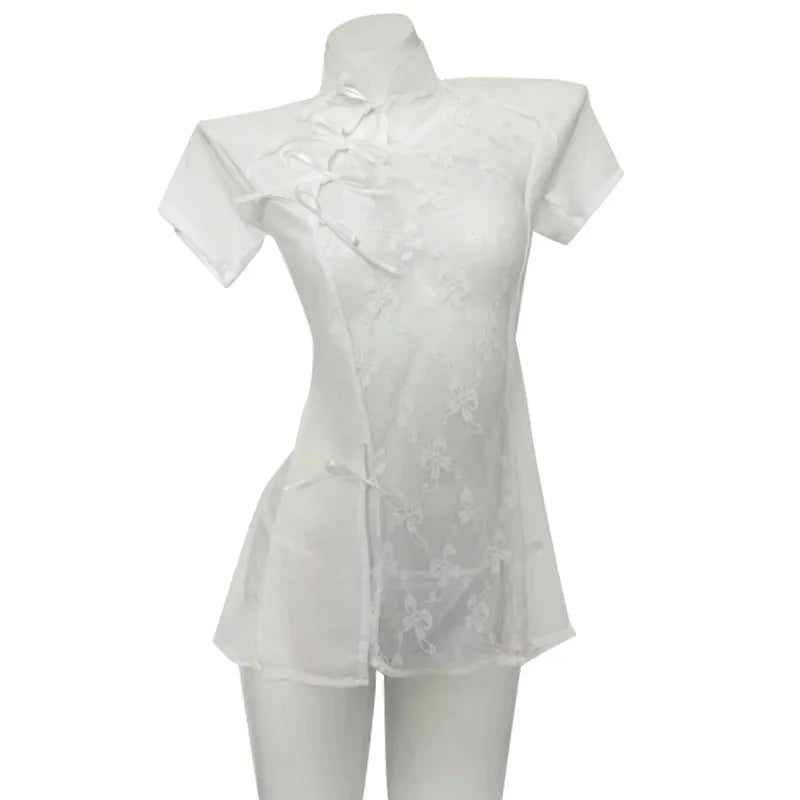 Lace Slit Perspective Temptation Lingerie Passion Retro Pajamas Backless Cheongsam Minidress
