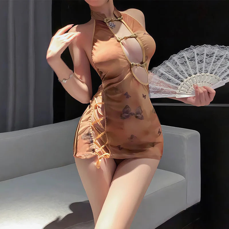 Halter Ancient Cheongsam Skirt Hollowed Out Translucent Temptation Pajamas