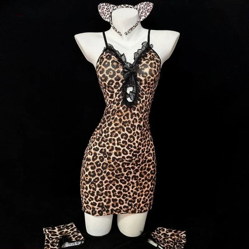 Erotic Lingerie Lace Leopard Print Hip Hugging Skirt Charm Hollowed-out Backless V-neck Nightgown