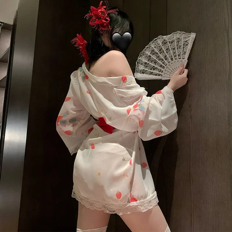Transparent Style Strawberry Print Kimono Seductive Lace Long Sleeves Bow Elegant Charm Nightgown Bathrobe