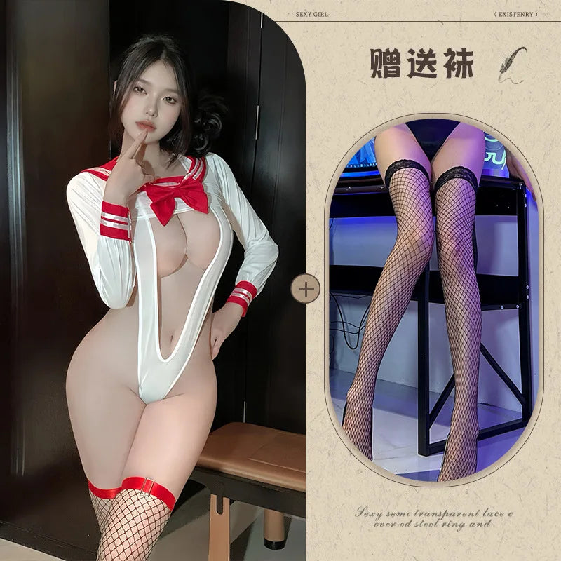 Student Long Sleeve Bodysuit Halter Playsuits Beach Cute Hollow Out School Swimwear Cosplay Porn