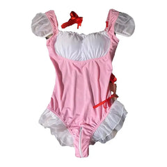 Cute One Piece Bodysuits Puff Sleeve Ruffle Hem Bow Tie Sweet Jumpsuit
