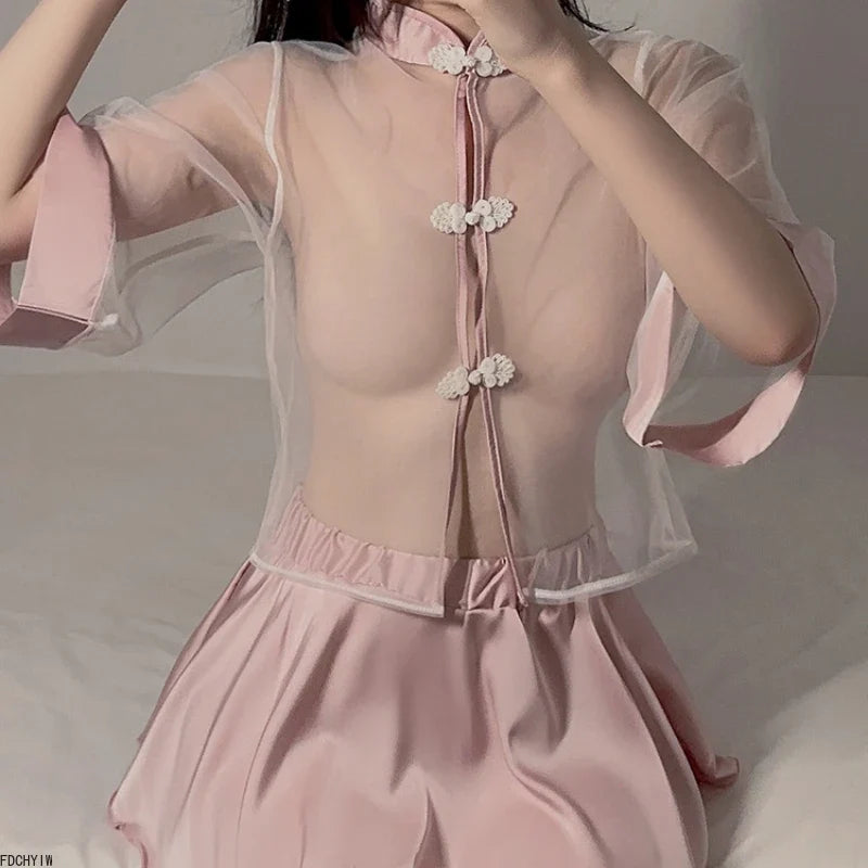 Retro Cheongsam Outfits Perspective Top Pleated Skirt Sleepwear Lingerie Antique Traditional Uniform