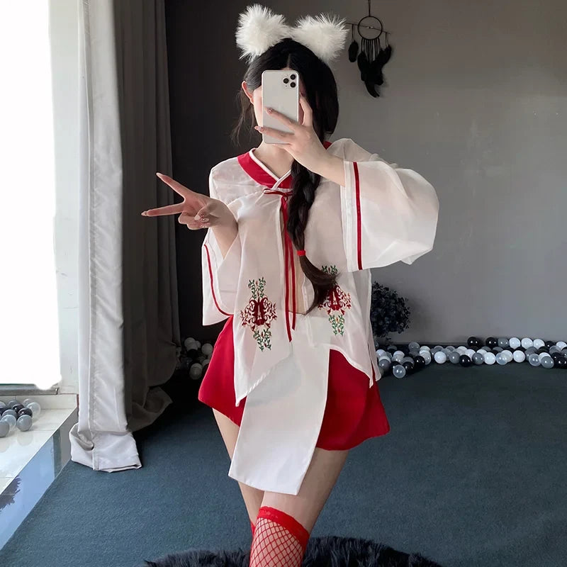 Chiffon Embroidery Kimono Hot Temptation Erotic Underwear Suit Cosplay Top Skirt Panties