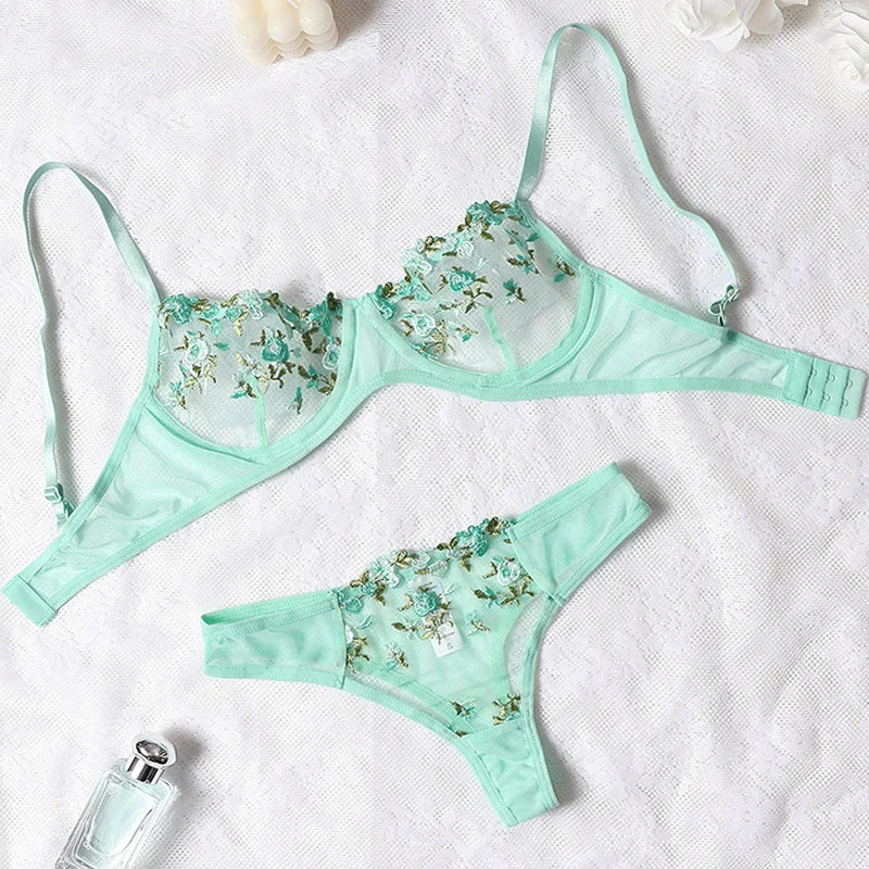 Embroidery Floral Ultra-thin Exquisite Transparent Underwear Bra Set