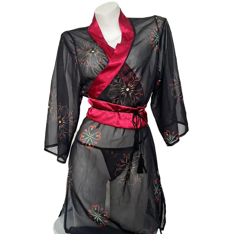 Erotic Lingerie Kimono Cute Printed Pajama Bathrobe Set
