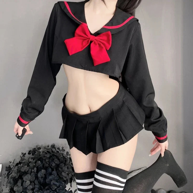 Kwaii Lolita Student Mini Top Skirt Cosplay Costume Erotic Lingerie Sailor Black Color Red Bow