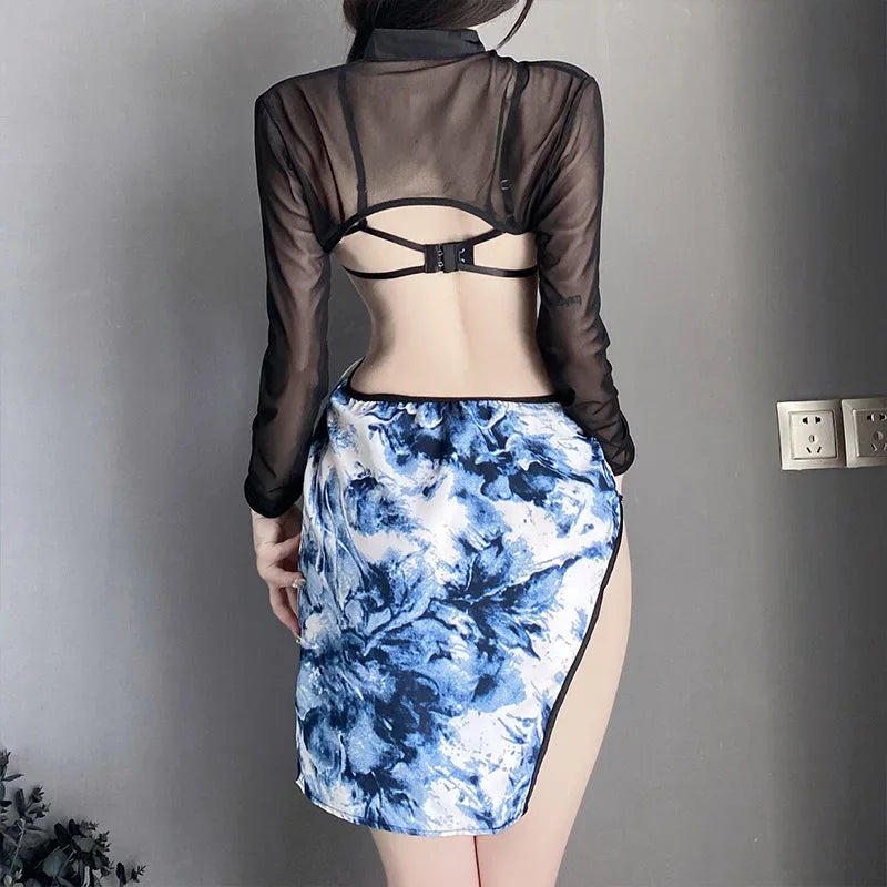 Style Improved Traditional Perspective Cheongsam Skirt Retro Floral Printing Hanfu Exotic Costume