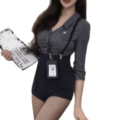 Pure Desire Striped Shirt Shoulder Strap Mature Office Secretary Role-playing Teacher Temptation Costumes