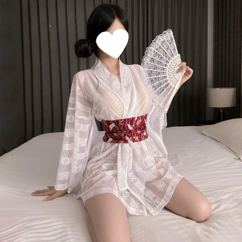 Style Kimono Bathrobes Yukata Nightgown See-through Pajamas Cosplay Night Club Party Adult Seduce Flirt Set