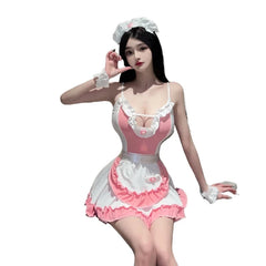 French Hot Maid Cosplay Sweet Chiffon Hollow Out Seductive Flirt Elegant Suspenders Skirt Transparent Costumes