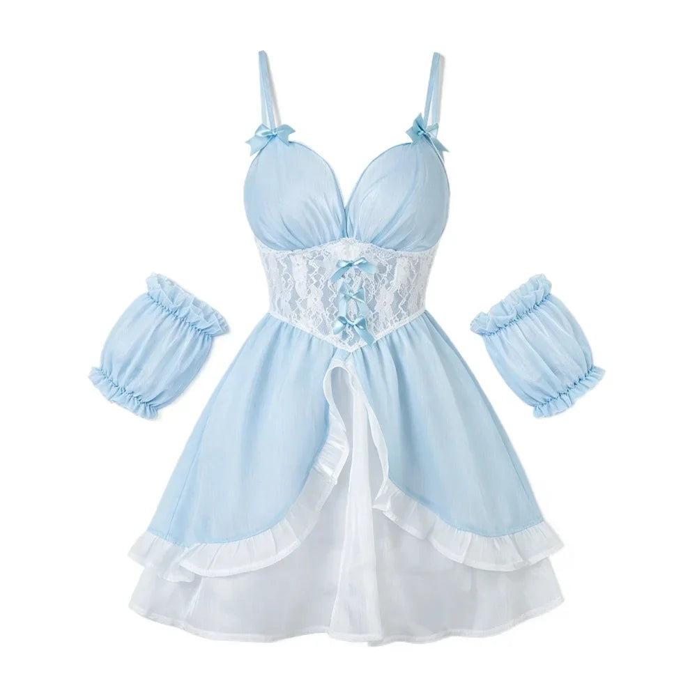 Light Blue Chiffon Princess Nightgown Sets Bow Decor Tiered Skirt Detachable Arm Cuffs Sweet Suspender Homewears