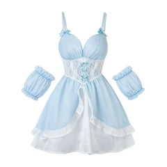Light Blue Chiffon Princess Nightgown Sets Bow Decor Tiered Skirt Detachable Arm Cuffs Sweet Suspender Homewears
