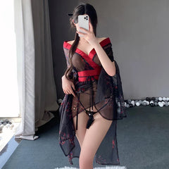 Phantom Printed Kimono Cross-collar Design Deep V Cleavage Black Sleepwear Nightgowns Sleepwear