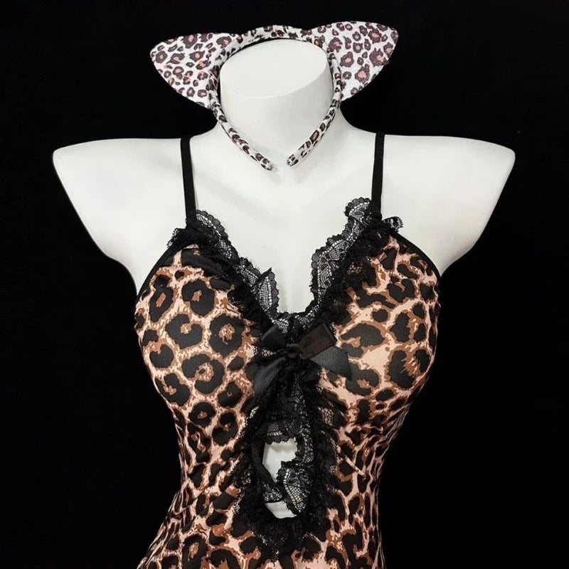 Erotic Lingerie Lace Leopard Print Hip Hugging Skirt Charm Hollowed-out Backless V-neck Nightgown