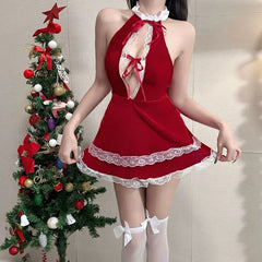 Lace Elegant Sweet Christmas Cosplay Costume Slim Fit Bandage Backless Santa Claus Roleplay Halter Skirt Red