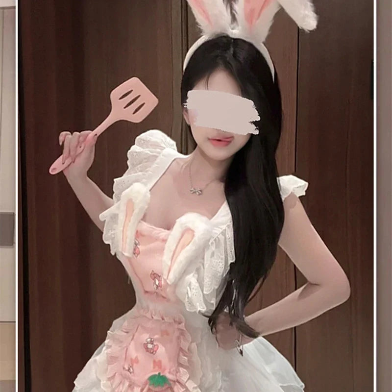 Sweet Cute Role-playing Maid Lingerie Lolita Servant Apron Rabbit Cosplay Costume Lace Skirt Plush Rabbit Ears
