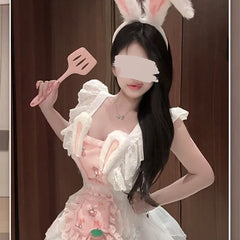 Sweet Cute Role-playing Maid Lingerie Lolita Servant Apron Rabbit Cosplay Costume Lace Skirt Plush Rabbit Ears