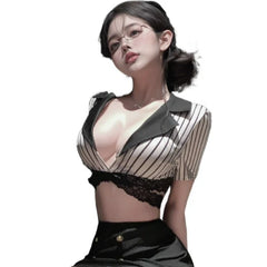 Secretary Cosplay Lingerie Naughty Teacher Office Role-playing Costumes V-neck Striped Top Wrap Hip Miniskirt Set