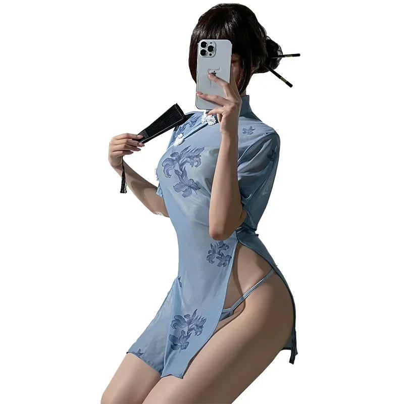 Purple Blue Cheongsam Perspective High Waist Split MiniTraditional Underwear Skirt Couples Flirting Set