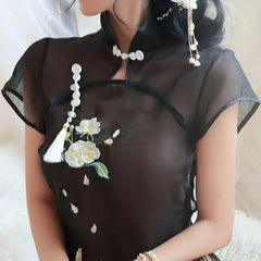 Green Pink Black Cheongsam Tradition Embroidery Improved Retro Tassels Transparent Lingerie Women