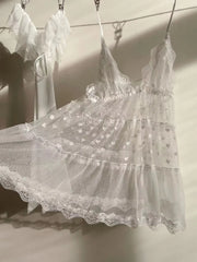 Cute Lingerie Gauze Lace Pajamas Sling Nightgown Panties Deep V-Neck Sleepwear Dot Strap