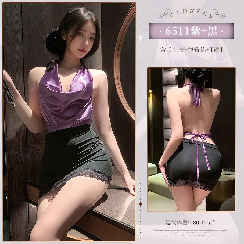 Porn Underwear Lady Roleplay Secretary Purple Top Wrap Hip Skirt Erotic Costume Cosplay Temptation Lingerie