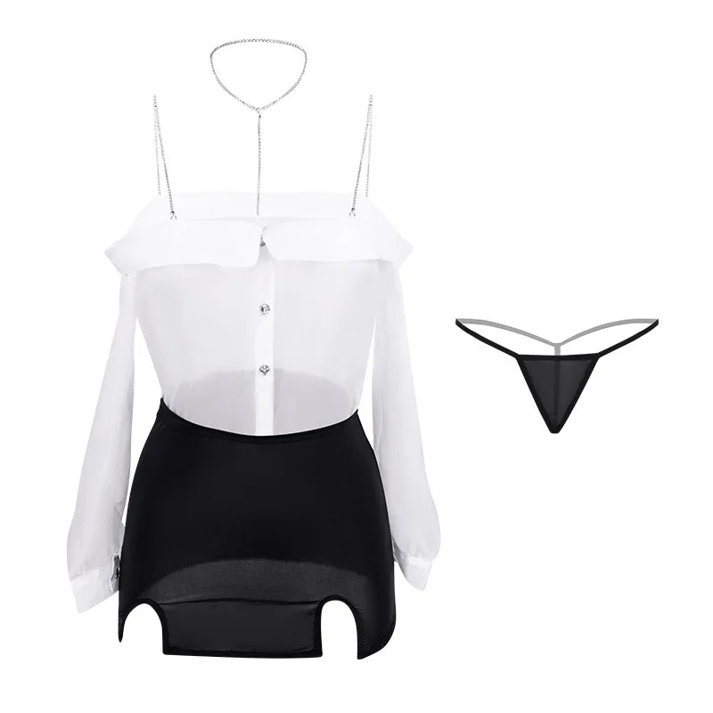 Secretary Office Lady Cosplay Teacher Role Play Outfit Chiffon Shirt Mini Skirt Underwear Lingerie