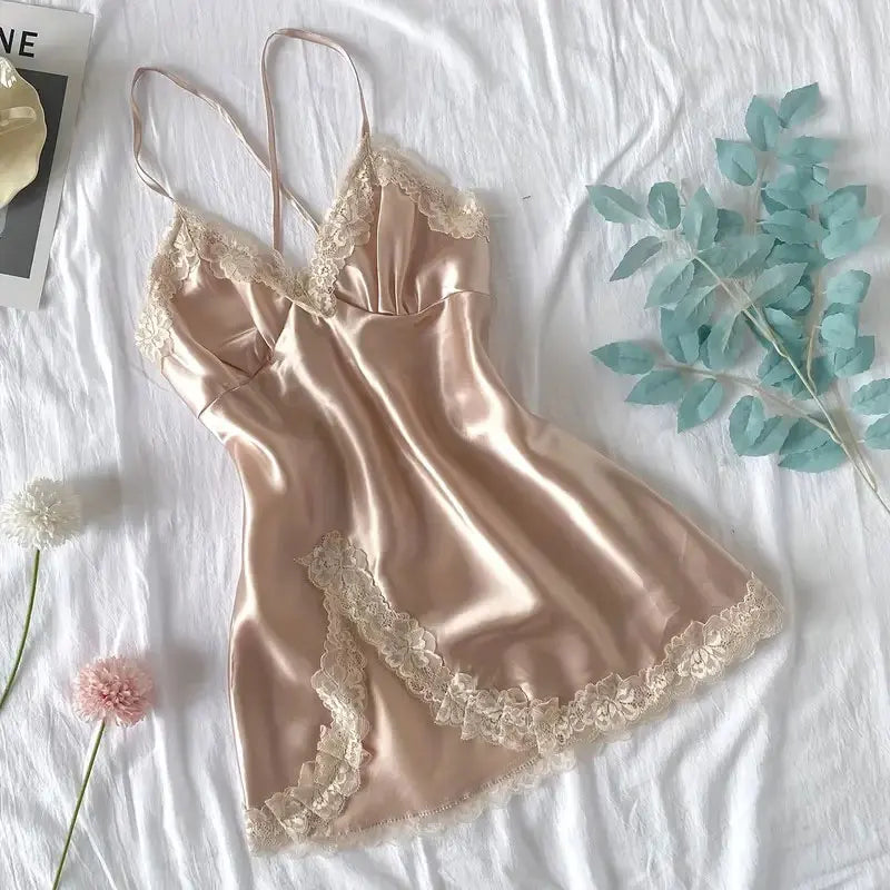 Erotic NightClothe Nightgowns Nightwear Lace Patchwork Lingerie Nighty Sleepwear Wedding Satin Wear