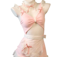 Lingerie Sweet Ruffle Maid Role-play Pure Desire Hollow Out Sling Cute  Bow Apron Set