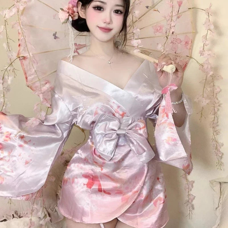 Erotic Lingerie Deep V Kimono Retro Printed Bathrobe Kawaii Pajamas Cosplay Dancer Costumes Gradient Purple Pink