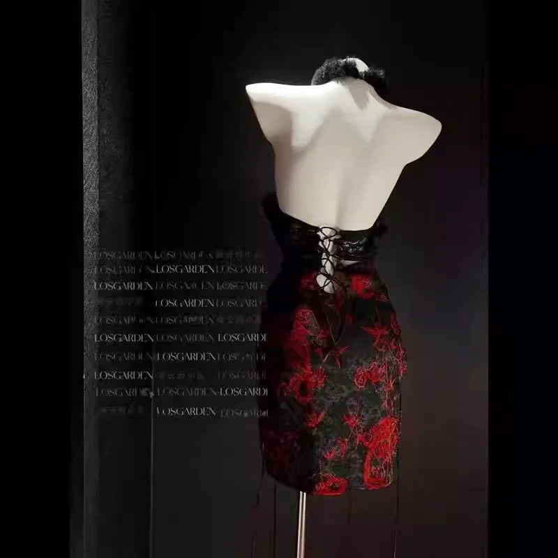 Ancient Improve Cheongsam Traditional Bandage Erotic Nightgown Exotic Charm Lace Hollow Out