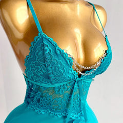 See Through Blue Lace Sling Sleepwear Two-piece Babydoll Nightgown Valentine's Day Gift Erotic Costumes