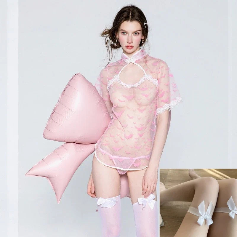 Perspective Mesh Stand Collar Cheongsam Sweet Seductive Transparent Style Erotic Home Pajamas