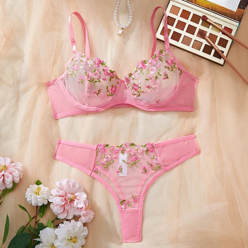 Embroidery Floral Ultra-thin Exquisite Transparent Underwear Bra Set
