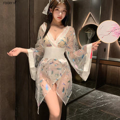 Lingerie V Neck Perspective Pajamas Bowknot Bathrobe Kimono Gauze Passion Robe Night Gown Porno Home Costume