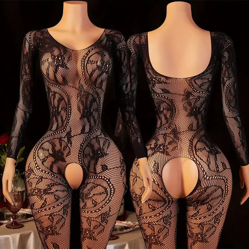 Big Bare Shoulders Crotchless Full Body Socks Desire Night Bold Exquisite Underwear Lingerie Long Sleeve Bodysuit