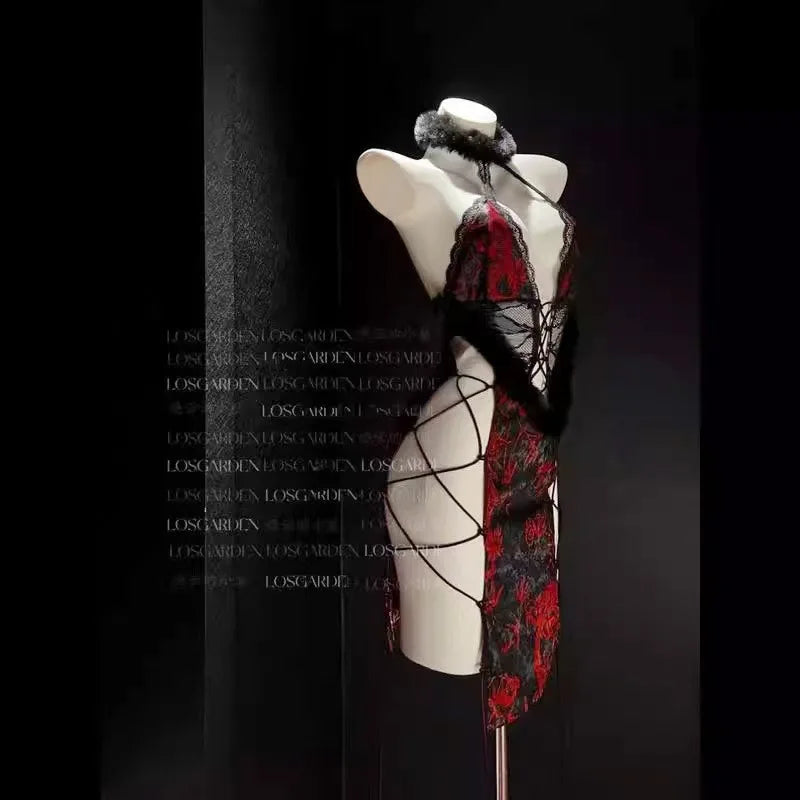 Ancient Improve Cheongsam Traditional Bandage Erotic Nightgown Exotic Charm Lace Hollow Out