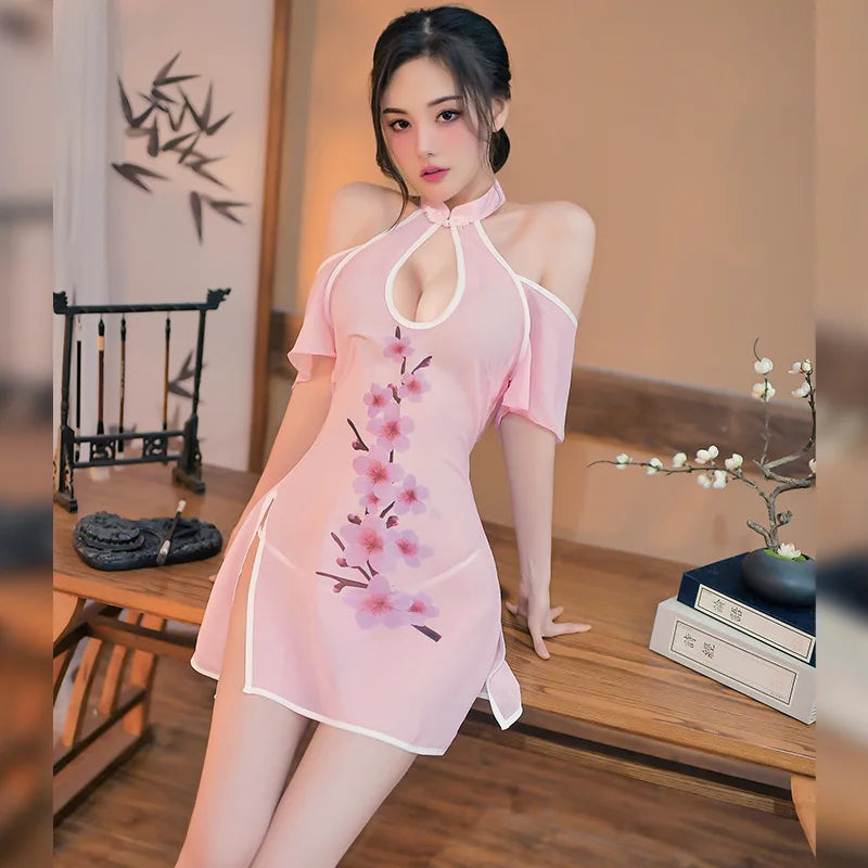 Halter High Waist Split Perspective Cheongsam Peach Blossom Embroidery Design Backless Porno Lingerie Flirt Uniform