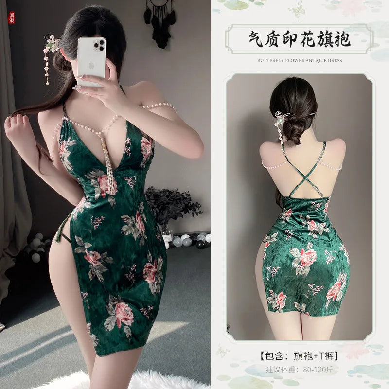 Lingerie High Waist Split Cheongsam Deep V