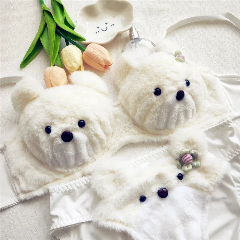 Plush Underwear Flower Briefs Cute Cartoon Comfortable Steel Ring Free Lingerie Underpants Set