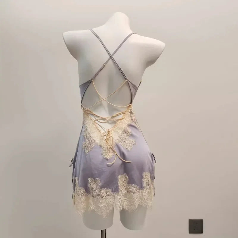 Nightwear Ice Silk Lace Beautiful Back Suspender Pajama
