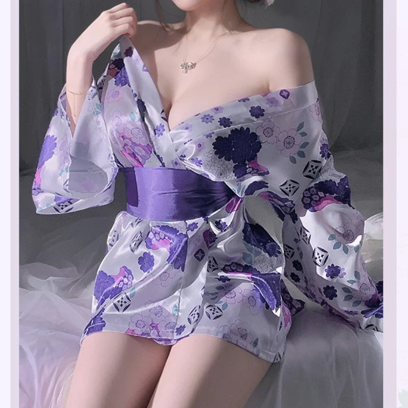 Kimono Cosplay Outfit Traditional Style Robe Yukata Sakura Costumes Pajamas Bathrobe Belt Lingerie Nightgown